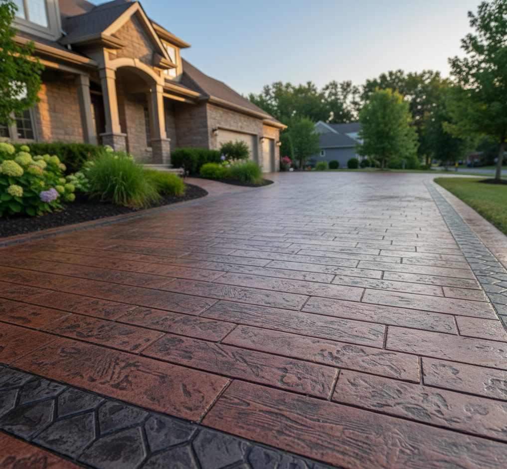 High-end residential driveway in Fort Wayne featuring wood-plank stamped concrete in a mahogany finish with a dark slate-style decorative border and professional landscaping.