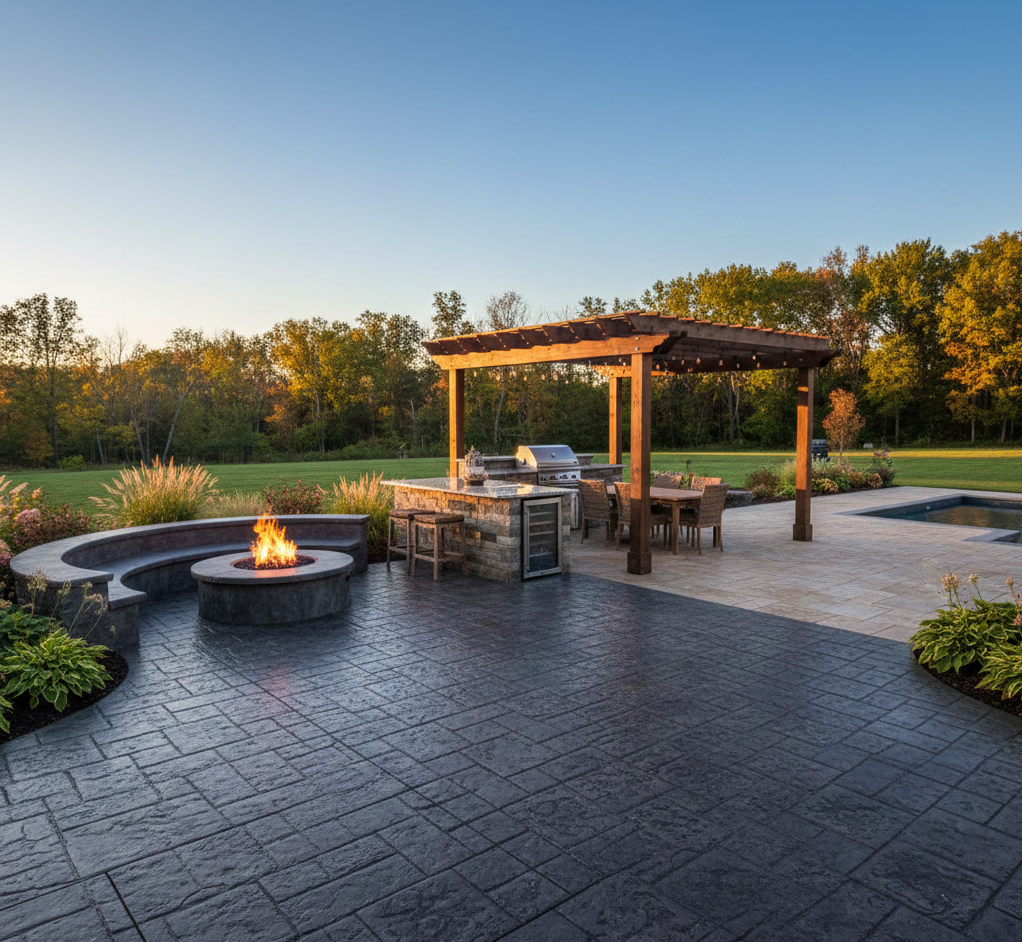 Luxury backyard living area in Fort Wayne featuring a dual-tone Ashlar slate stamped concrete patio, a built-in stone fire pit with curved seating, an outdoor kitchen under a wooden pergola, and a poolside lounge area at sunset.