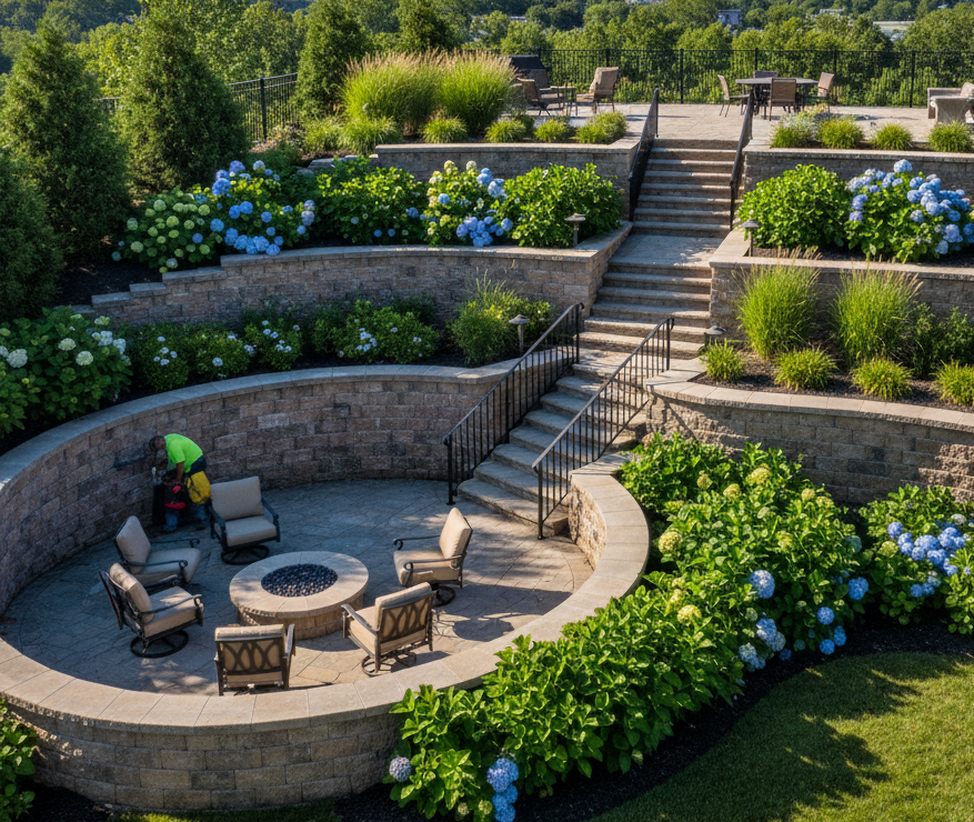 Multi-tiered stone retaining walls with a fire pit patio, lush landscaping, and the Fort Wayne skyline in the distance.