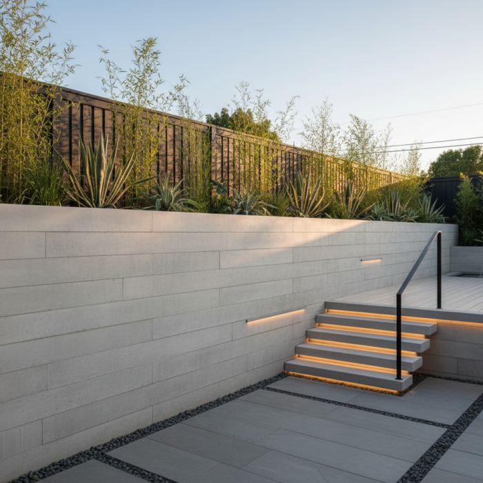 Modern smooth-face concrete retaining wall with integrated LED lighting, floating stairs, and minimalist landscaping.