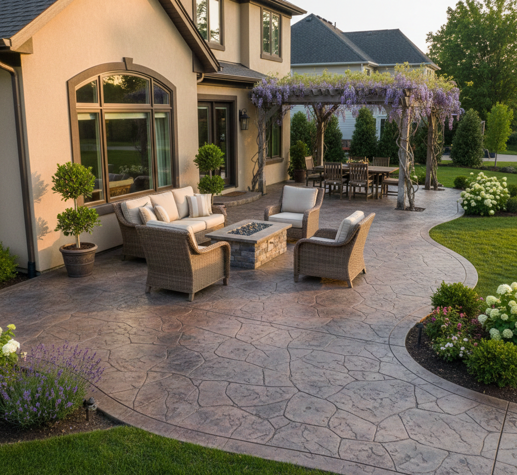 High-end stamped concrete patio in a natural flagstone pattern with a built-in fire pit and outdoor seating area for a luxury Fort Wayne home.