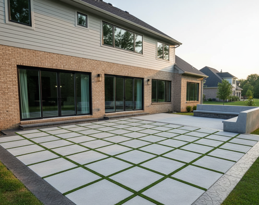 Modern residential backyard featuring a custom grid-pattern concrete patio with grass grout lines and a stamped concrete border, installed by Durable Concrete Patios in Fort Wayne, IN.