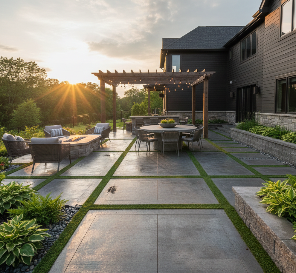 Custom luxury concrete patio in Fort Wayne, IN, designed by Durable Concrete Patios, featuring modern geometric pavers, integrated grass borders, a built-in fire pit, and a wooden pergola at sunset.