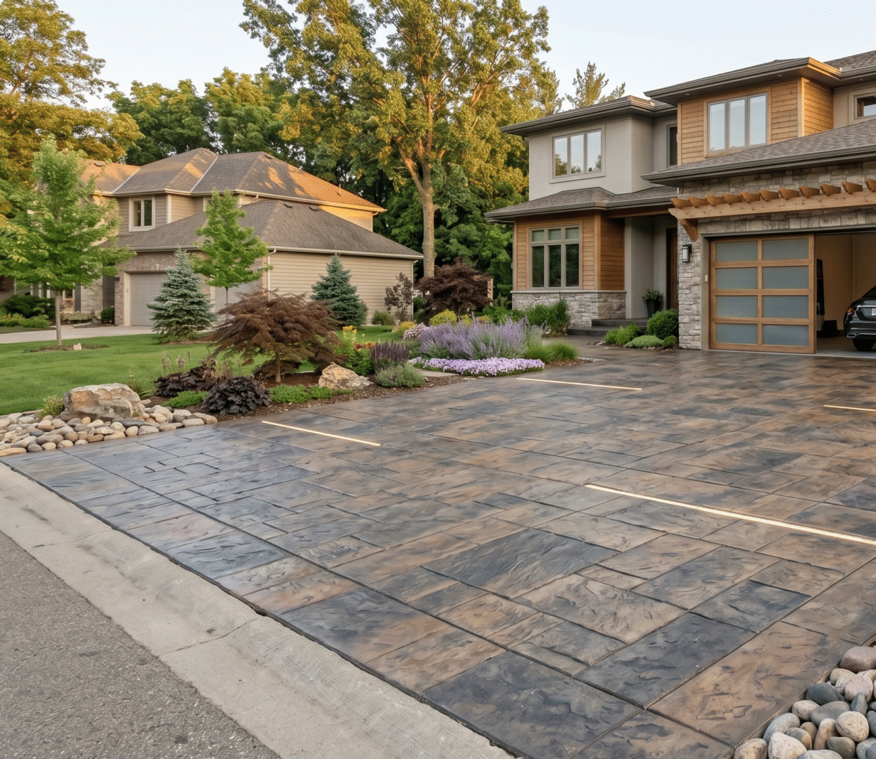 garage entrance done with stamped concrete by professionals