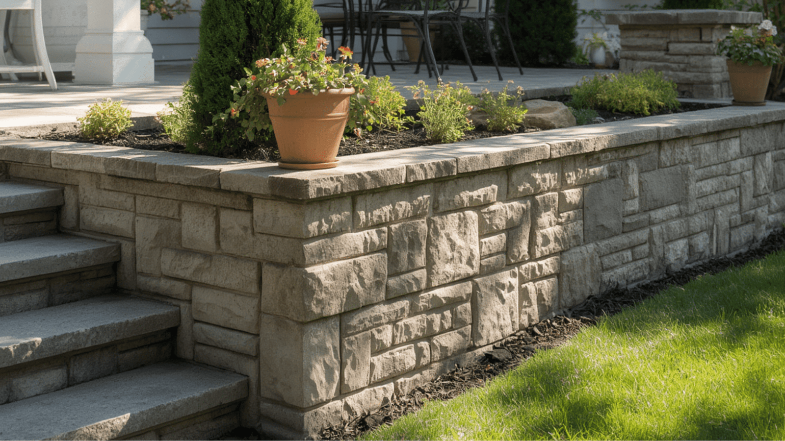 home patio with a perfectly built retaining wall
