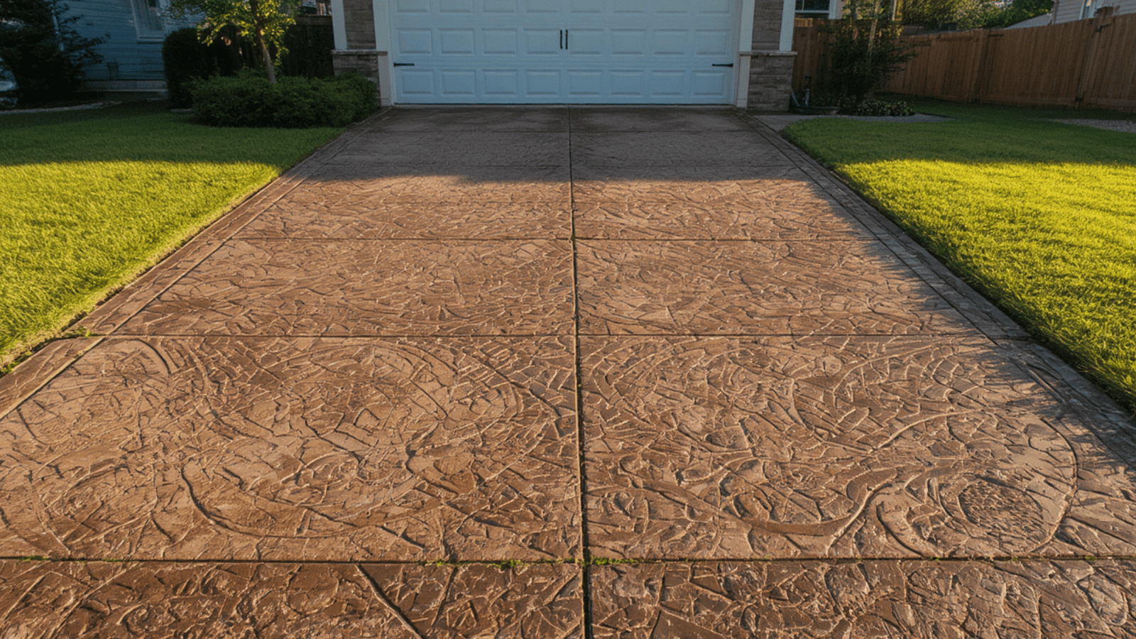 A new driveway built on a home using stamped concrete is beautiful and functional