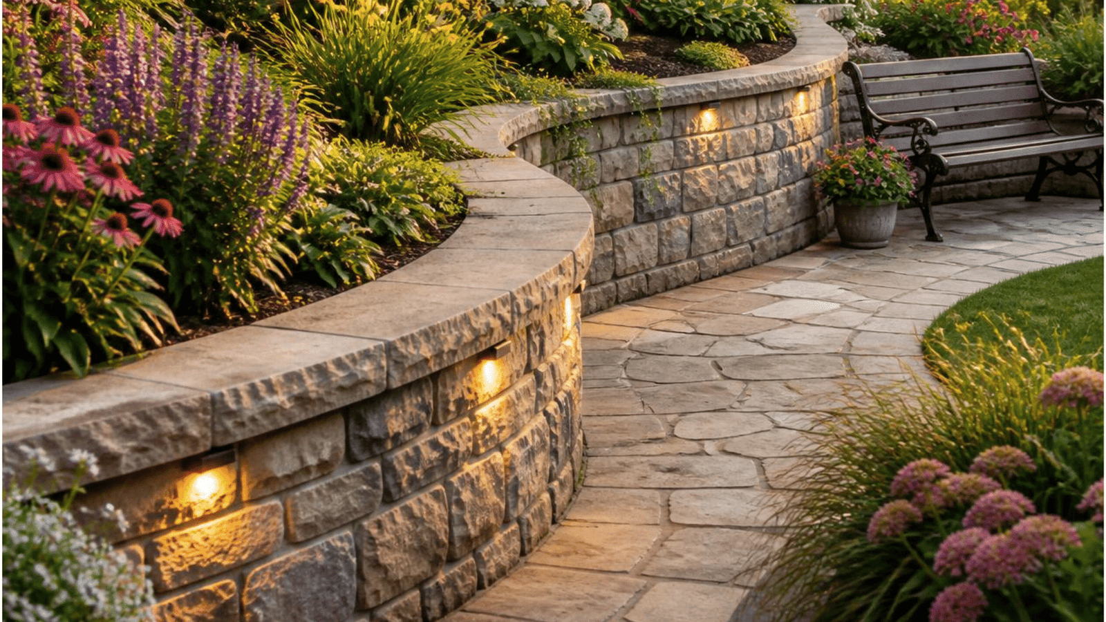 Recently built retaining wall in a home garden